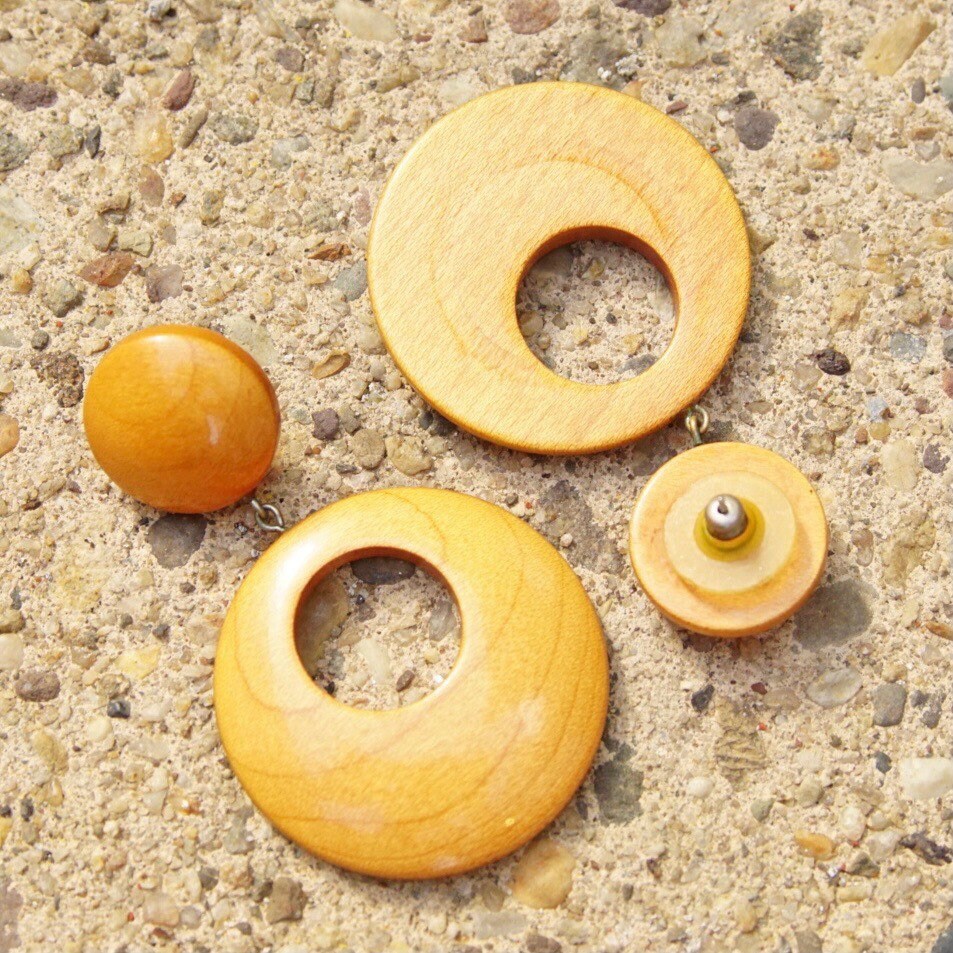 Vintage Mod Wooden Hoop Earrings, Dangle Stud Earrings, 1960's Style, Gogo Dancer, Natural Wood Earrings, Statement Piece, 2 1/2" Long