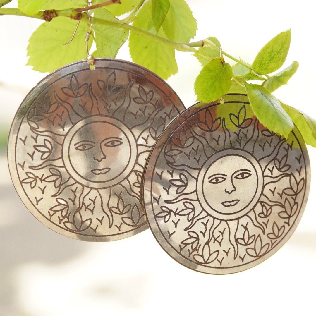 Vintage Silver Medallion Sun Dangle Earrings, Large Silver Disc With Sun Face & Flower Design, French Hooks, Statement Earrings, 3" Long