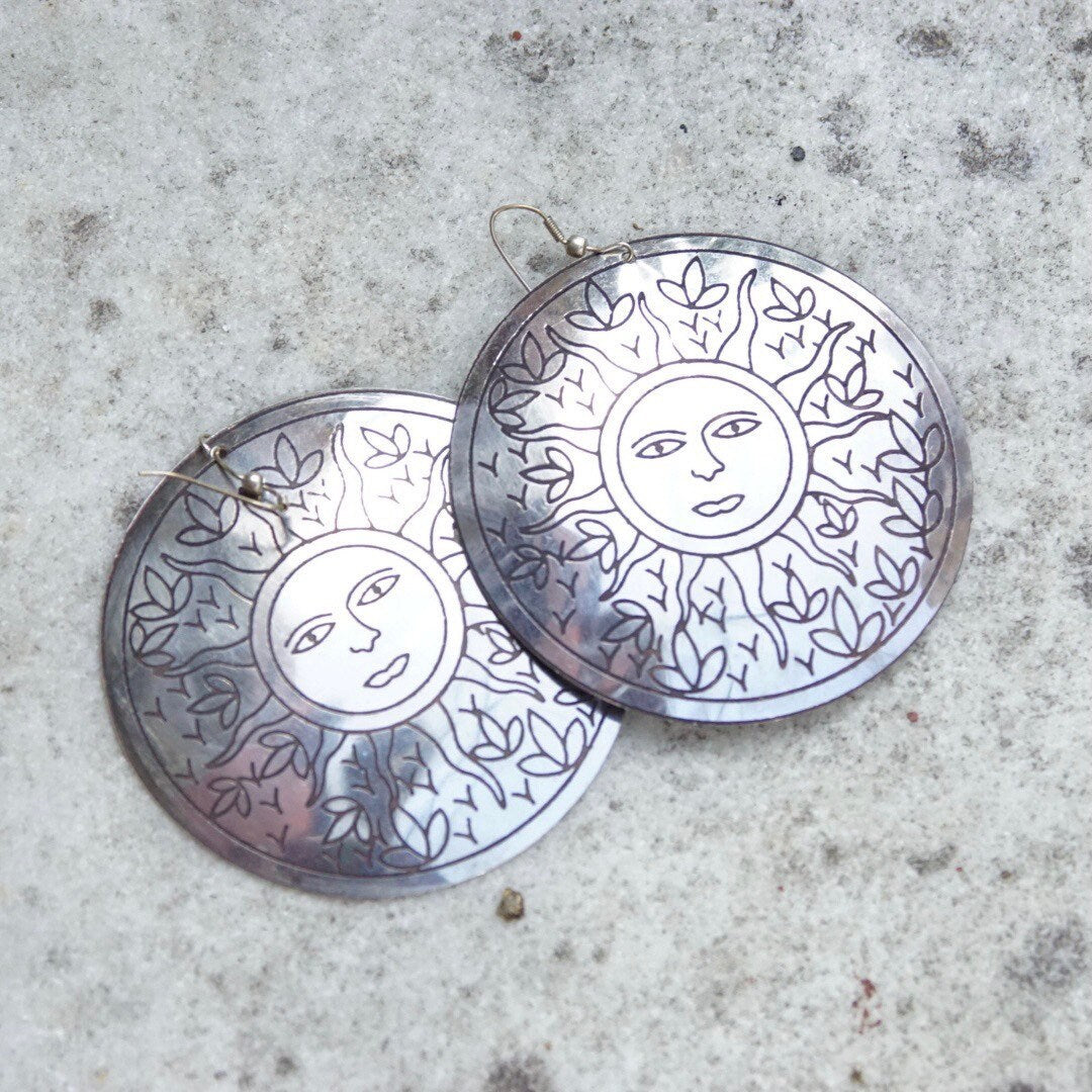 Vintage Silver Medallion Sun Dangle Earrings, Large Silver Disc With Sun Face & Flower Design, French Hooks, Statement Earrings, 3" Long