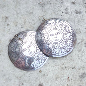 Vintage Silver Medallion Sun Dangle Earrings, Large Silver Disc With Sun Face & Flower Design, French Hooks, Statement Earrings, 3" Long