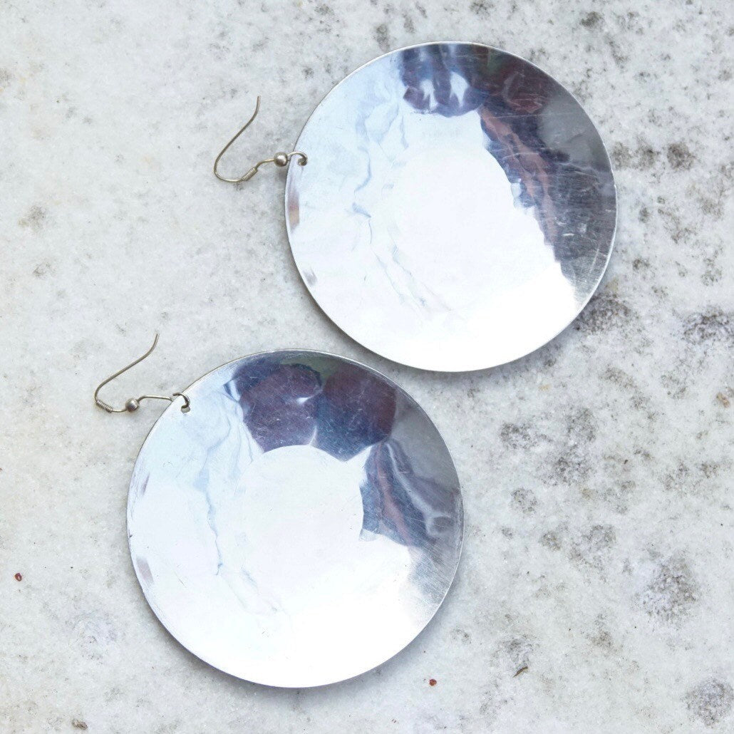 Vintage Silver Medallion Sun Dangle Earrings, Large Silver Disc With Sun Face & Flower Design, French Hooks, Statement Earrings, 3" Long
