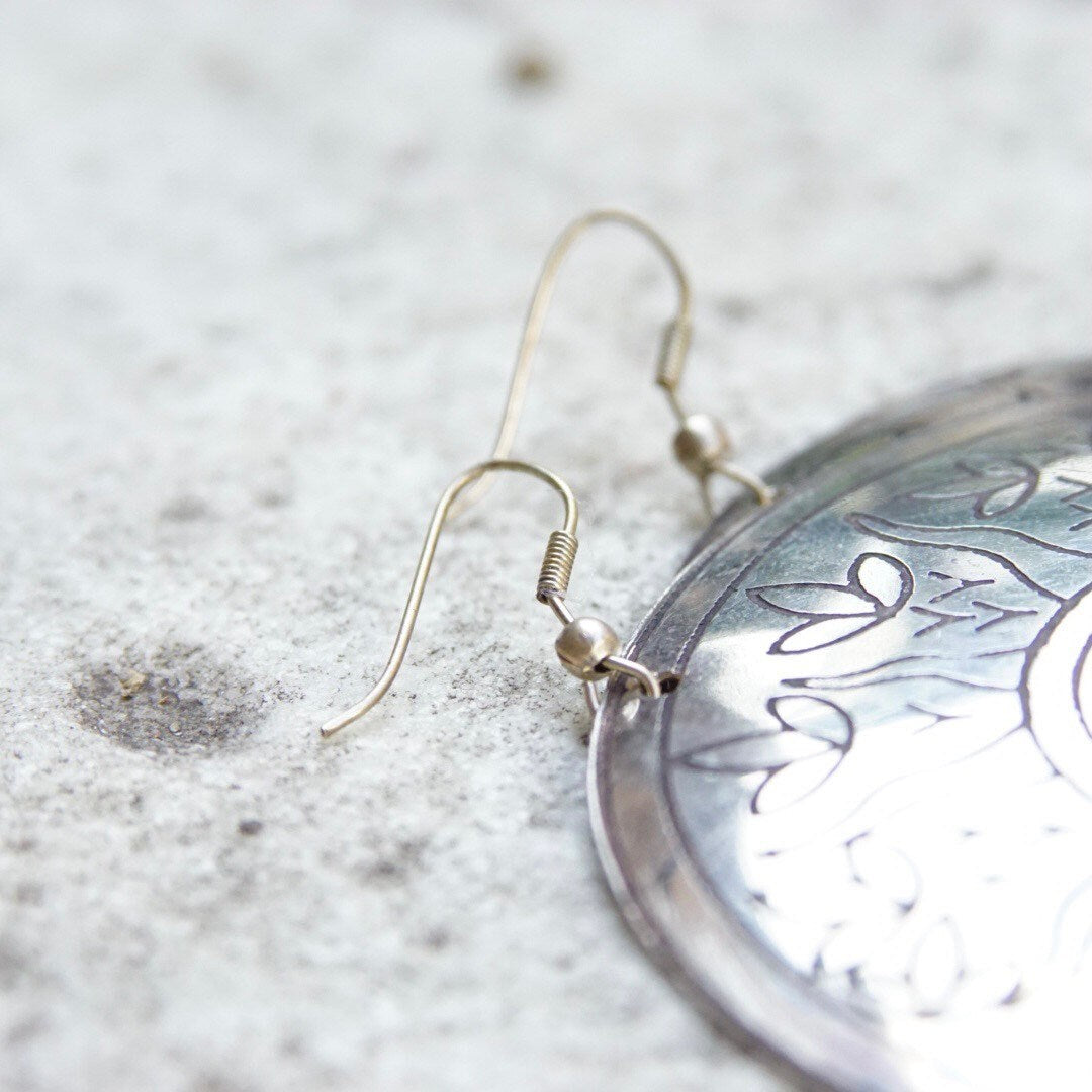 Vintage Silver Medallion Sun Dangle Earrings, Large Silver Disc With Sun Face & Flower Design, French Hooks, Statement Earrings, 3" Long