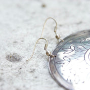 Vintage Silver Medallion Sun Dangle Earrings, Large Silver Disc With Sun Face & Flower Design, French Hooks, Statement Earrings, 3" Long