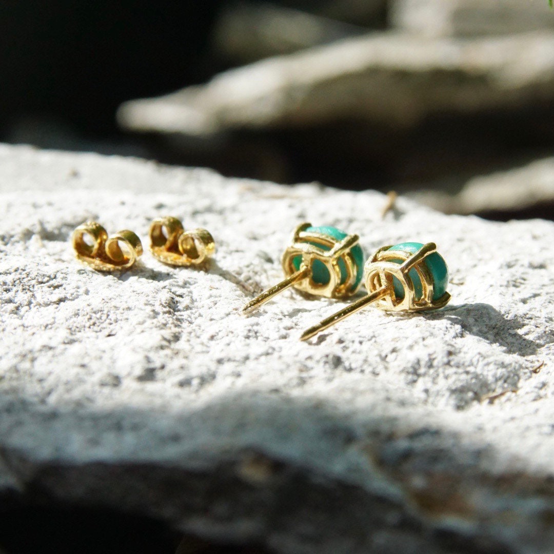 Vintage 14K Gold Turquoise Post Earrings, Yellow Gold, Prong Set Turquoise Stone, Small Oval Stud Earrings, Gemstone Jewelry, 8mm x 6mm