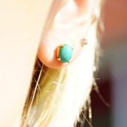 Vintage 14K Gold Turquoise Post Earrings, Yellow Gold, Prong Set Turquoise Stone, Small Oval Stud Earrings, Gemstone Jewelry, 8mm x 6mm