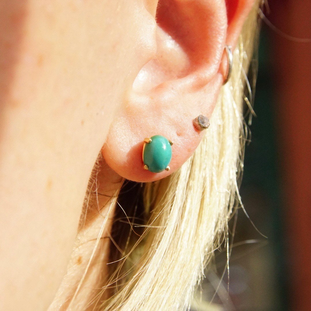 Vintage 14K Gold Turquoise Post Earrings, Yellow Gold, Prong Set Turquoise Stone, Small Oval Stud Earrings, Gemstone Jewelry, 8mm x 6mm