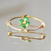 Vintage 10K Enamel Seed Pearl Flower Brooch Pin, Antique Gold Pin, Art Nouveau, Green Enamel 4-Leaf Clover, Tiny Pearl, 1 1/8" Long