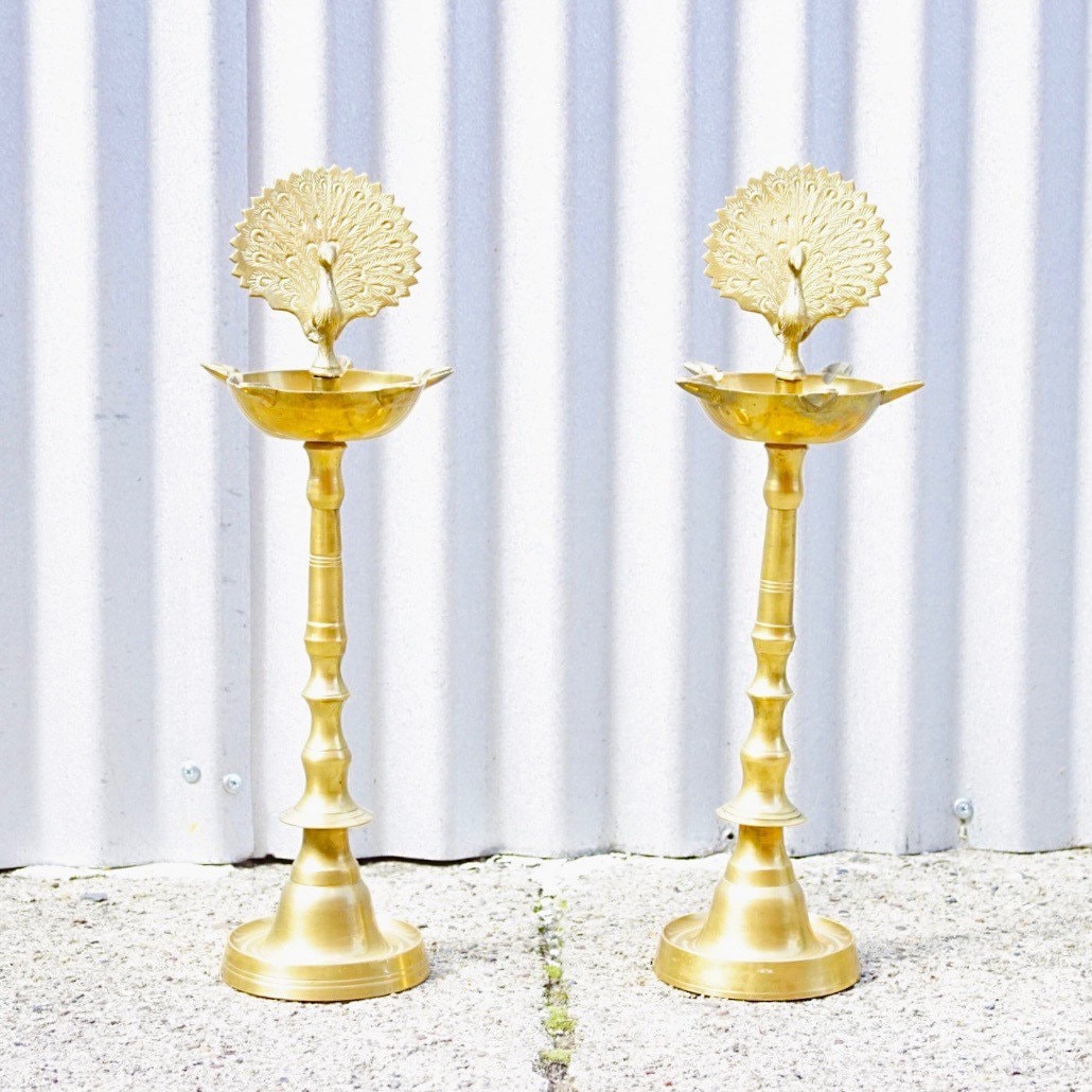 Vintage Brass Peacock Ashtrays, Pair Of Standing Ashtrays, 16" Tall, Cigarette Holders, Engraved Brass, Set Of Two, Unique Home Decor