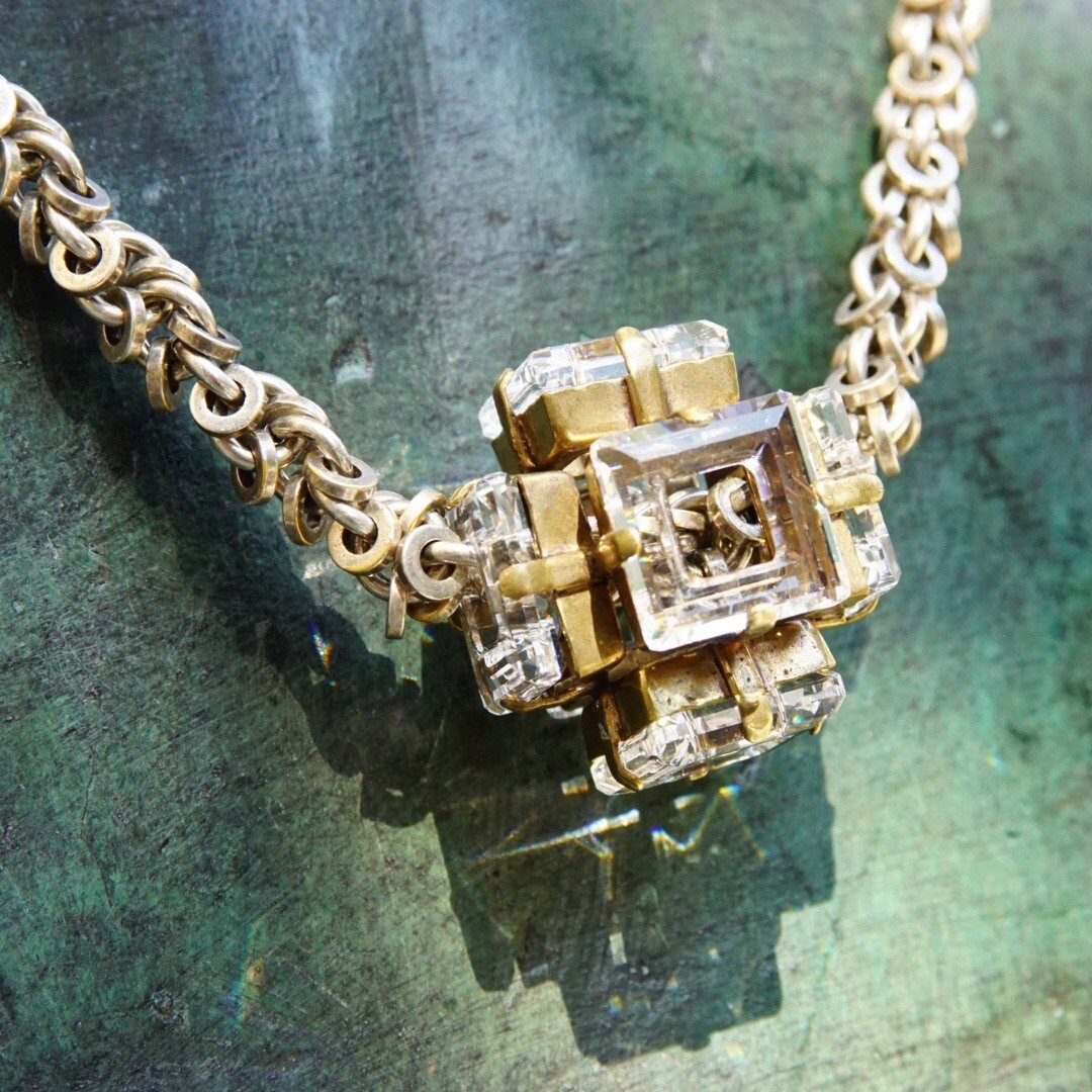 Vintage Aris Geldis Paris Crystal Cube Pendant Necklace, Modernist Statement Necklace, Funky 3D Crystal Pendant, Unique Silver Chain, 21" L