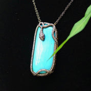 Vintage 18K Gold & Sterling Silver Turquoise Snake Pendant Necklace, Diamond Encrusted Snake, Huge Turquoise Stone, 2-Strand Chain, 21.25" L