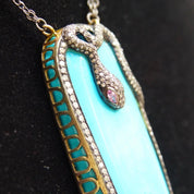 Vintage 18K Gold & Sterling Silver Turquoise Snake Pendant Necklace, Diamond Encrusted Snake, Huge Turquoise Stone, 2-Strand Chain, 21.25" L