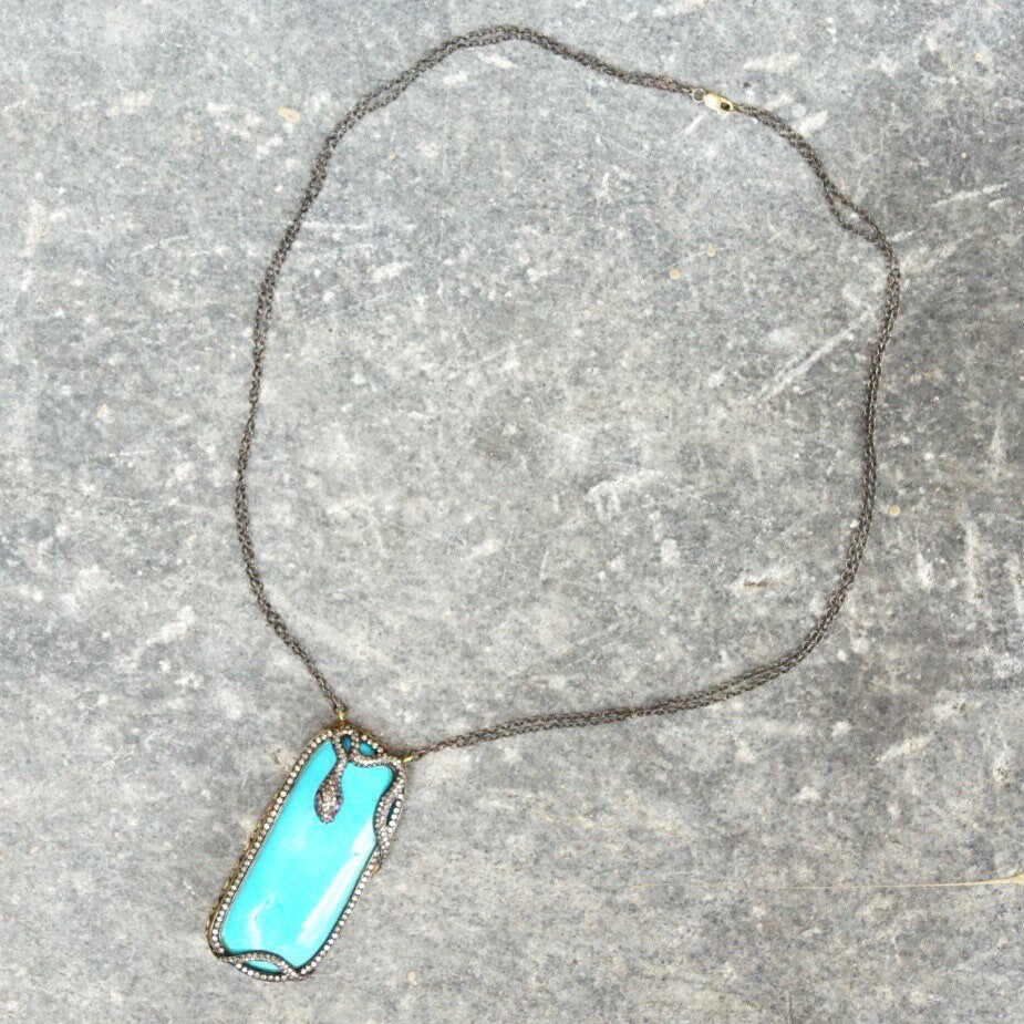 Vintage 18K Gold & Sterling Silver Turquoise Snake Pendant Necklace, Diamond Encrusted Snake, Huge Turquoise Stone, 2-Strand Chain, 21.25" L