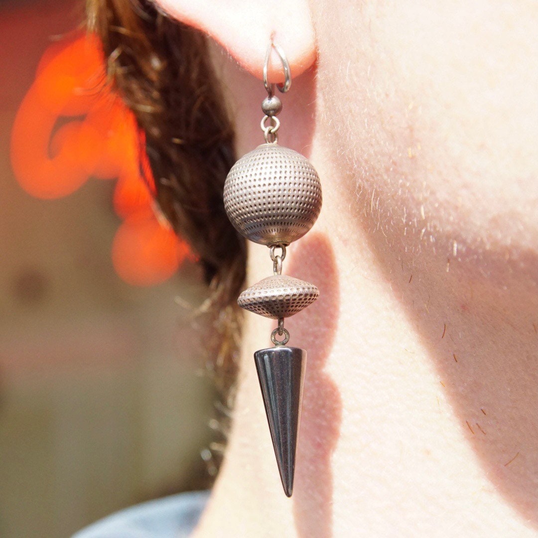 Vintage Modernist Silver Ball & Hematite Spike Earrings, Silver Disco Balls, Reflective Gemstones, Unique Dangle Earrings, 2 3/4 Long