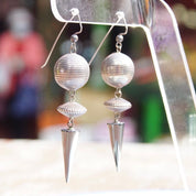 Vintage Modernist Silver Ball & Hematite Spike Earrings, Silver Disco Balls, Reflective Gemstones, Unique Dangle Earrings, 2 3/4 Long