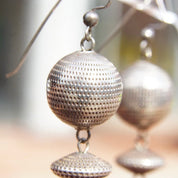 Vintage Modernist Silver Ball & Hematite Spike Earrings, Silver Disco Balls, Reflective Gemstones, Unique Dangle Earrings, 2 3/4 Long