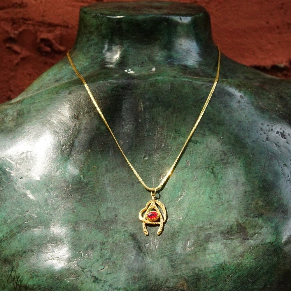 Vintage Italian 14K Gold Ruby Wishbone Heart Pendant Necklace, 2mm Flat Gold Chain, Yellow Gold Cut Out Pendant, Faceted Red Stone, 20.5" L