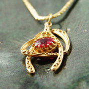 Vintage Italian 14K Gold Ruby Wishbone Heart Pendant Necklace, 2mm Flat Gold Chain, Yellow Gold Cut Out Pendant, Faceted Red Stone, 20.5" L