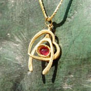 Vintage Italian 14K Gold Ruby Wishbone Heart Pendant Necklace, 2mm Flat Gold Chain, Yellow Gold Cut Out Pendant, Faceted Red Stone, 20.5" L