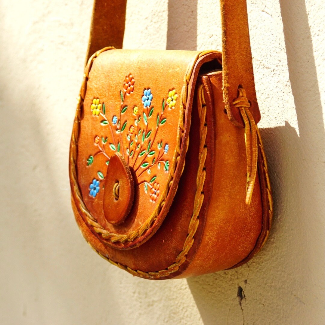 Vintage 70's Tooled Leather Shoulder Bag With Colorful Flower Design, Hand Made/Hand Painted Woven Leather Purse W/ Long Tan Leather Strap
