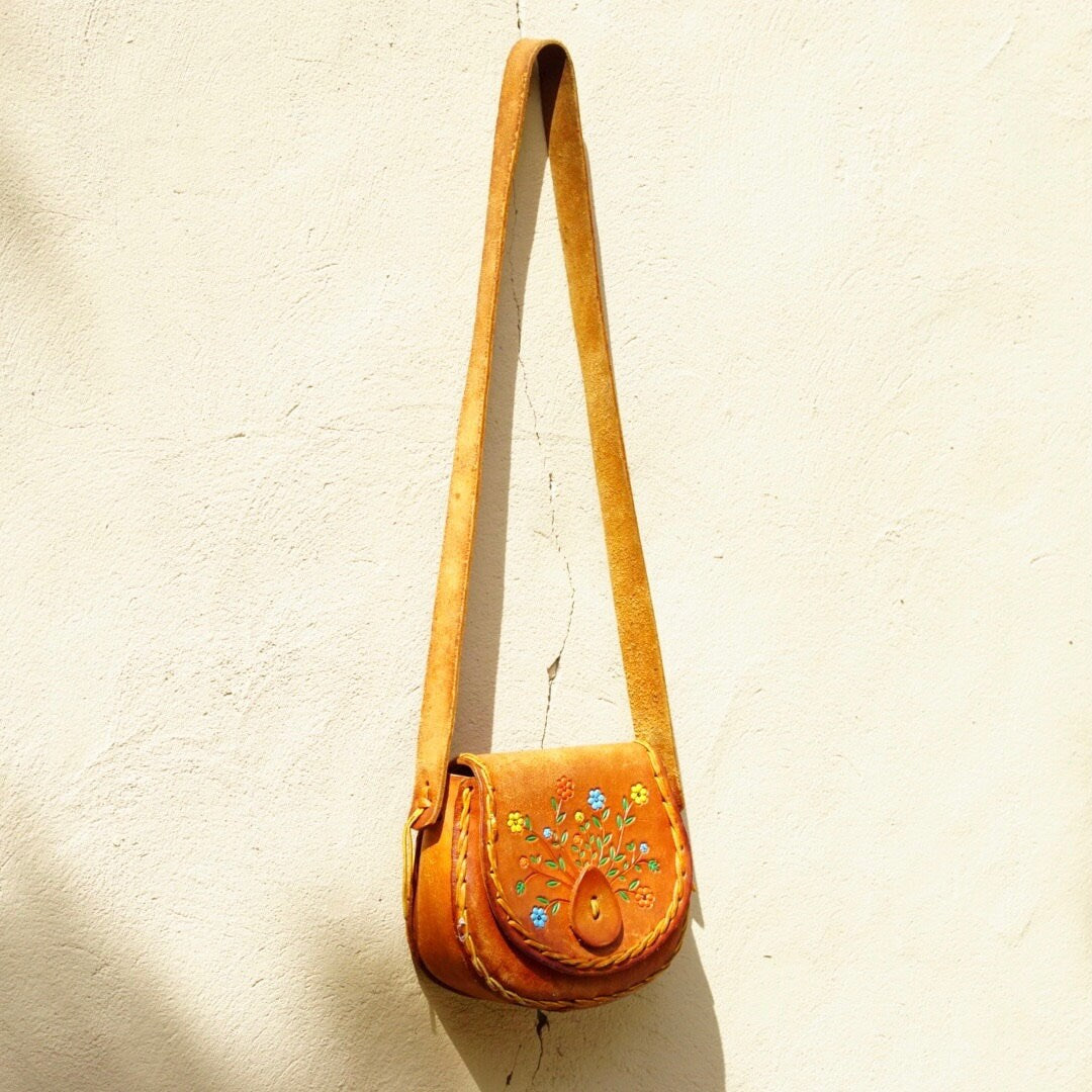Vintage 70's Tooled Leather Shoulder Bag With Colorful Flower Design, Hand Made/Hand Painted Woven Leather Purse W/ Long Tan Leather Strap
