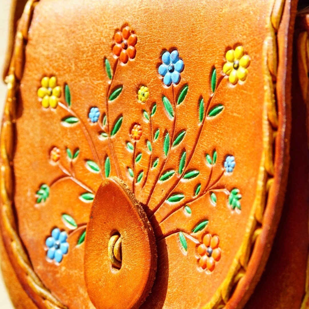 Vintage 70's Tooled Leather Shoulder Bag With Colorful Flower Design, Hand Made/Hand Painted Woven Leather Purse W/ Long Tan Leather Strap