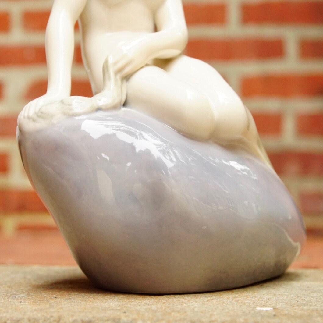 Vintage Signed Royal Copenhagen Edvard Eriksen Porcelain Little Mermaid Figurine Sculpture #4431, Nude Mermaid, Pastel Purple Glaze, 9" Tall