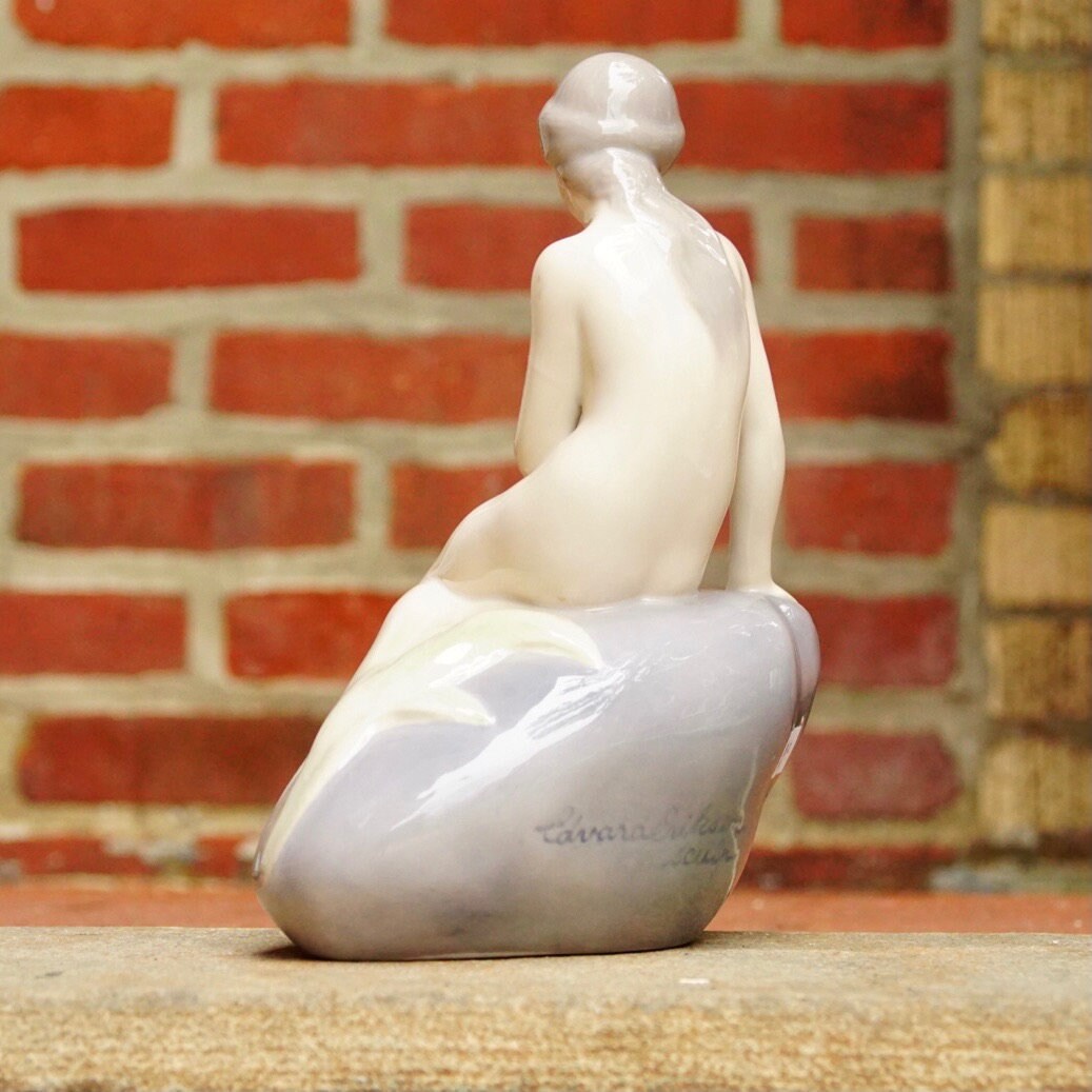 Vintage Signed Royal Copenhagen Edvard Eriksen Porcelain Little Mermaid Figurine Sculpture #4431, Nude Mermaid, Pastel Purple Glaze, 9" Tall