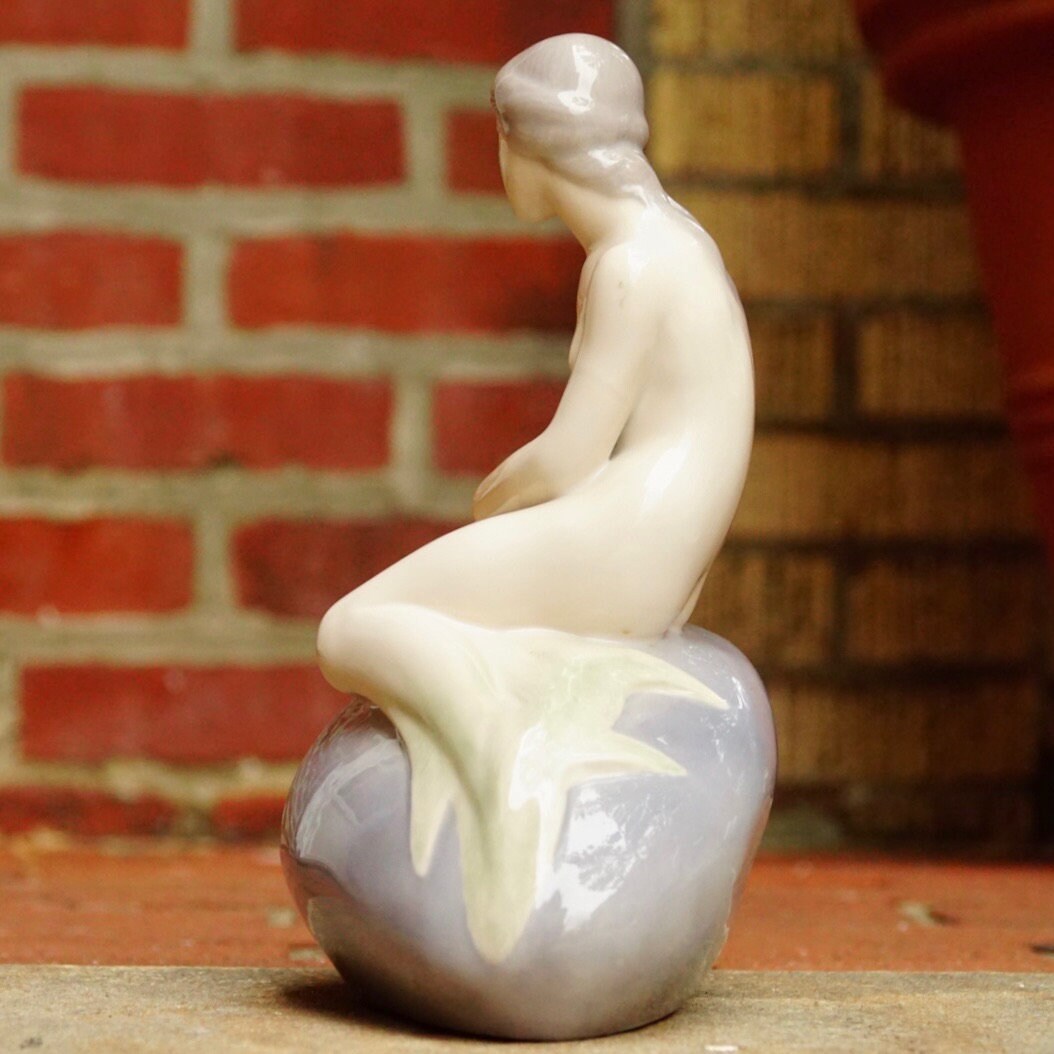 Vintage Signed Royal Copenhagen Edvard Eriksen Porcelain Little Mermaid Figurine Sculpture #4431, Nude Mermaid, Pastel Purple Glaze, 9" Tall