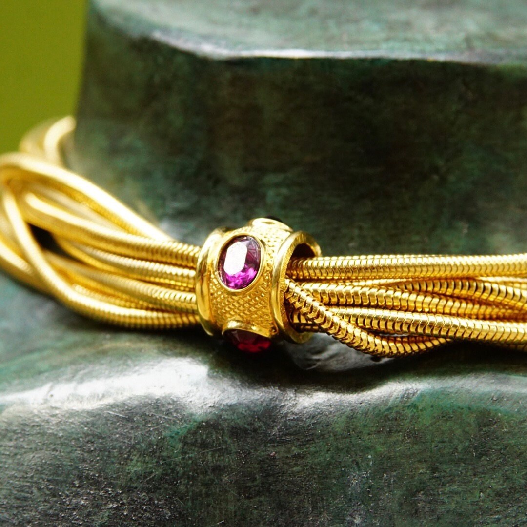 Vintage Rau Klikit Chunky Gold Tone Multi-Strand Choker Necklace, Multi-Color Gem Charm, 3mm Round Snake Chains, Button Clasp, 15 3/4" L