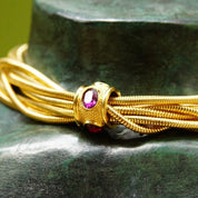 Vintage Rau Klikit Chunky Gold Tone Multi-Strand Choker Necklace, Multi-Color Gem Charm, 3mm Round Snake Chains, Button Clasp, 15 3/4" L