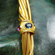 Vintage Rau Klikit Chunky Gold Tone Multi-Strand Choker Necklace, Multi-Color Gem Charm, 3mm Round Snake Chains, Button Clasp, 15 3/4" L