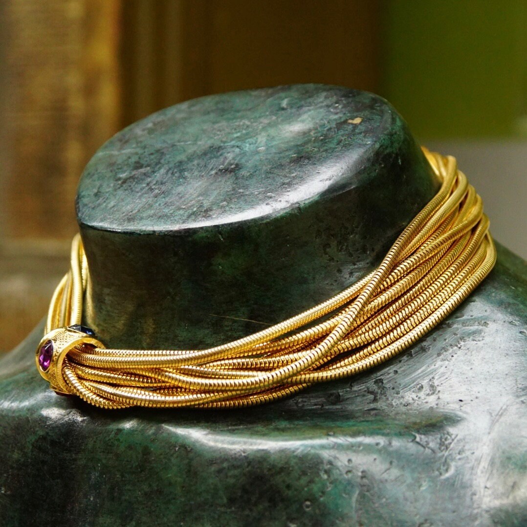 Vintage Rau Klikit Chunky Gold Tone Multi-Strand Choker Necklace, Multi-Color Gem Charm, 3mm Round Snake Chains, Button Clasp, 15 3/4" L