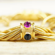 Vintage Rau Klikit Chunky Gold Tone Multi-Strand Choker Necklace, Multi-Color Gem Charm, 3mm Round Snake Chains, Button Clasp, 15 3/4" L