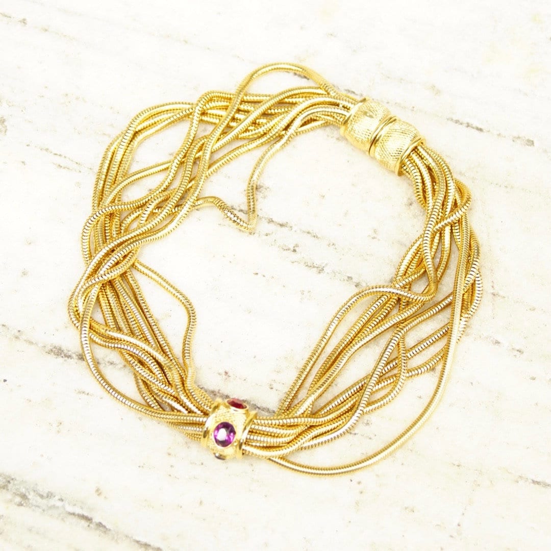 Vintage Rau Klikit Chunky Gold Tone Multi-Strand Choker Necklace, Multi-Color Gem Charm, 3mm Round Snake Chains, Button Clasp, 15 3/4" L