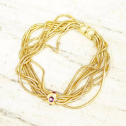 Vintage Rau Klikit Chunky Gold Tone Multi-Strand Choker Necklace, Multi-Color Gem Charm, 3mm Round Snake Chains, Button Clasp, 15 3/4" L