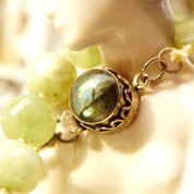 Vintage Faceted Green Stone Bead Necklace With Labradorite Clasp, Chunky Green Bead Necklace, Iridescent Gemstone, Unique Jewelry, 24 1/2" L