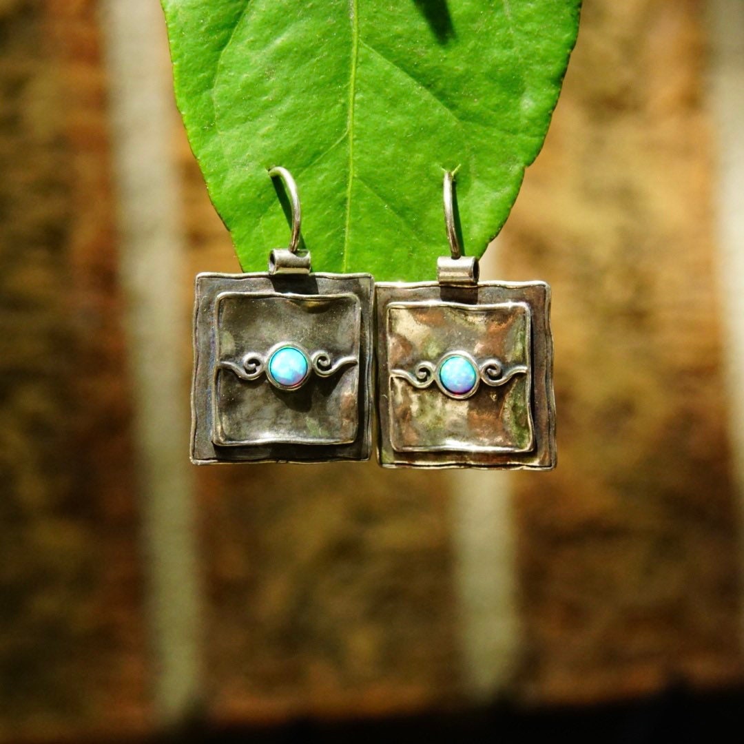 Vintage Signed Didae Sterling Silver Opal Dangle Earrings, Handmade Square Crinkle Latch Hook Earrings, Small Blue Opal Stones, 925 Jewelry