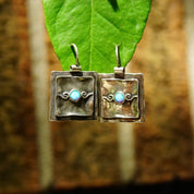 Vintage Signed Didae Sterling Silver Opal Dangle Earrings, Handmade Square Crinkle Latch Hook Earrings, Small Blue Opal Stones, 925 Jewelry