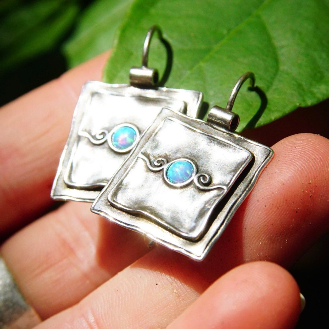 Vintage Signed Didae Sterling Silver Opal Dangle Earrings, Handmade Square Crinkle Latch Hook Earrings, Small Blue Opal Stones, 925 Jewelry
