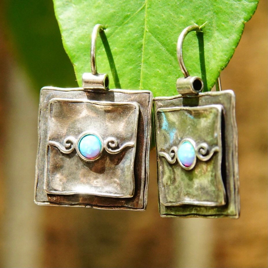 Vintage Signed Didae Sterling Silver Opal Dangle Earrings, Handmade Square Crinkle Latch Hook Earrings, Small Blue Opal Stones, 925 Jewelry