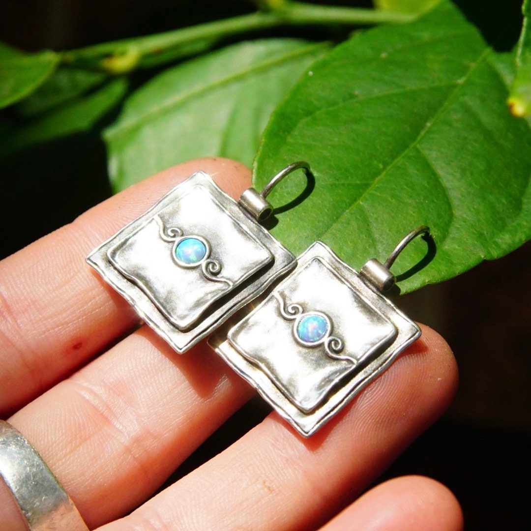 Vintage Signed Didae Sterling Silver Opal Dangle Earrings, Handmade Square Crinkle Latch Hook Earrings, Small Blue Opal Stones, 925 Jewelry