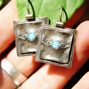 Vintage Signed Didae Sterling Silver Opal Dangle Earrings, Handmade Square Crinkle Latch Hook Earrings, Small Blue Opal Stones, 925 Jewelry