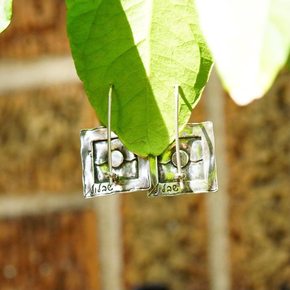 Vintage Signed Didae Sterling Silver Opal Dangle Earrings, Handmade Square Crinkle Latch Hook Earrings, Small Blue Opal Stones, 925 Jewelry