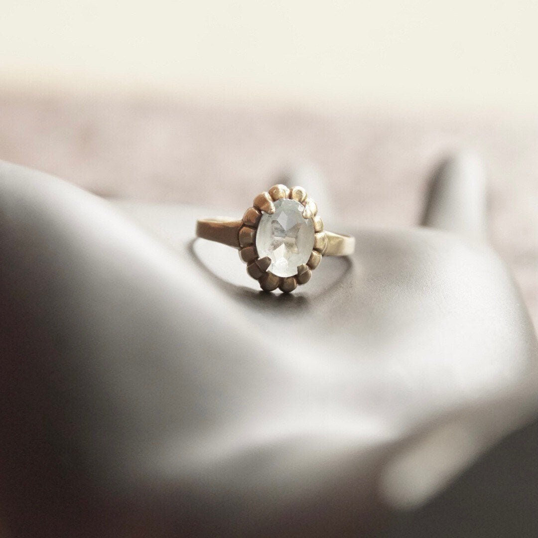 Vintage 10K Gold Aquamarine Glass Ring, Petite Yellow Gold Ring, Light Blue Oval Cut Stone, Gold Petal Setting, Size 6 1/4 US