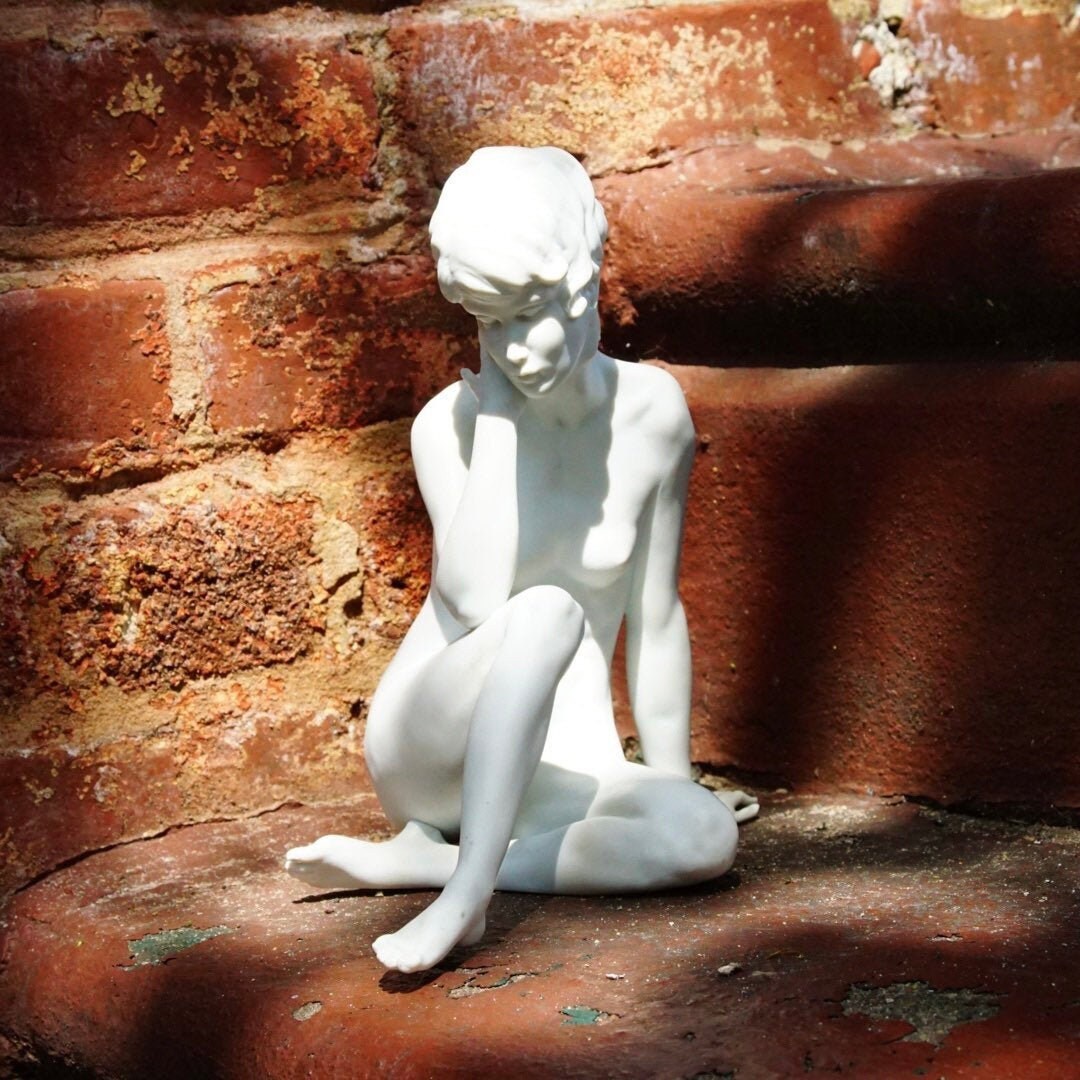 Vintage Signed W. Gawantka Kaiser Nude Woman In Meditation Porcelain Figurine #489, German Matte White Porcelain Bisque Statue, 9" H