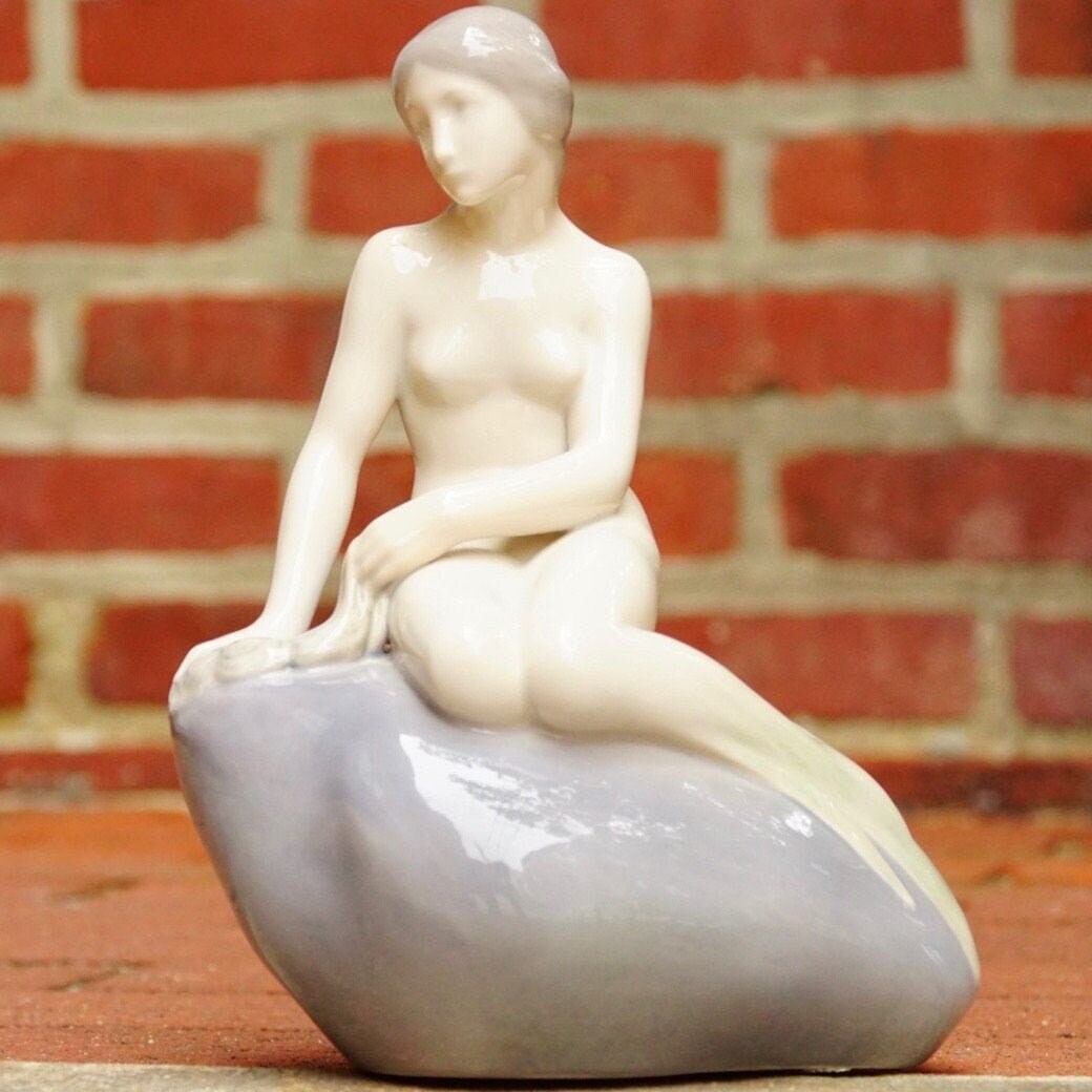 Vintage Signed Royal Copenhagen Edvard Eriksen Porcelain Little Mermaid Figurine Sculpture #4431, Nude Mermaid, Pastel Purple Glaze, 9" Tall
