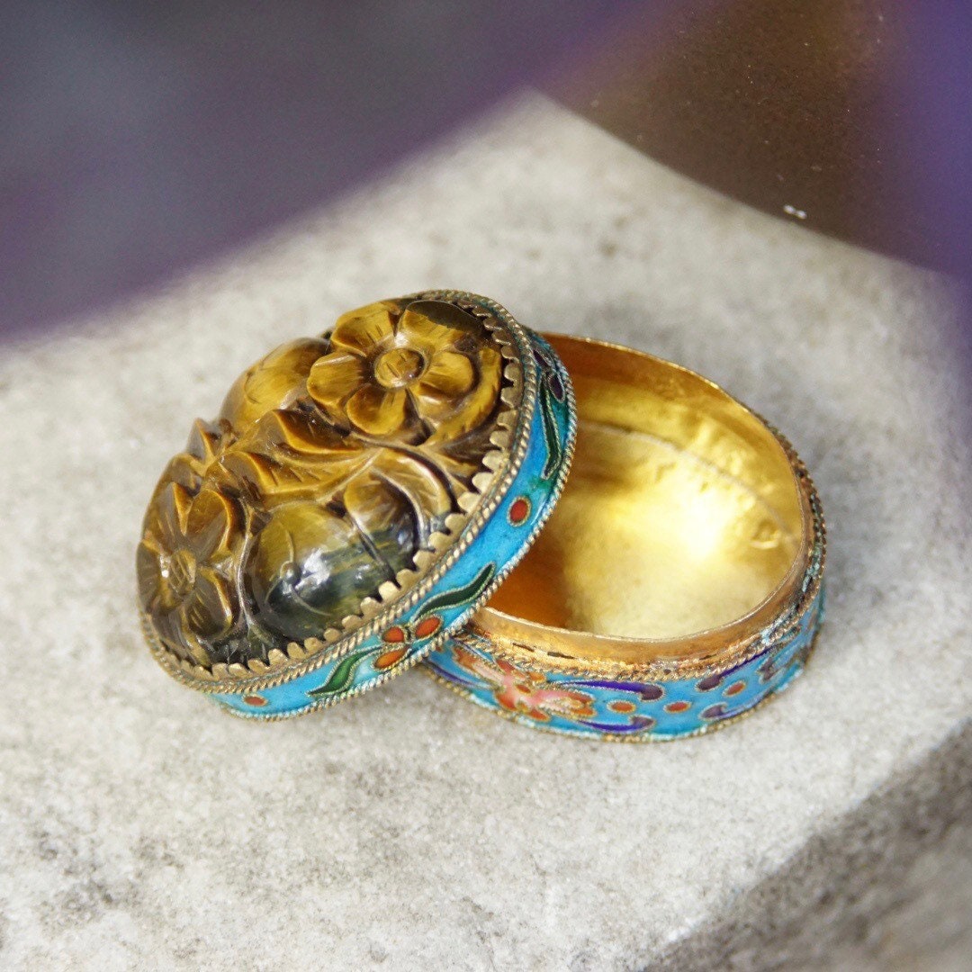 Vintage Chinese Cloisonne Carved Tigers Eye Pill Box, Ornate Floral Design, Iridescent Gemstone, Colorful Enamel, Oval Box With Lid