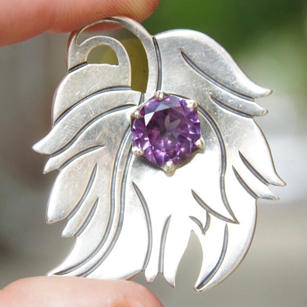 Vintage EBS Mexico Sterling Silver Alexandrite Brooch, Color Changing Gemstone, Abstract Silver Leaf Pin, Engraved Silver, Hecho En Mexico
