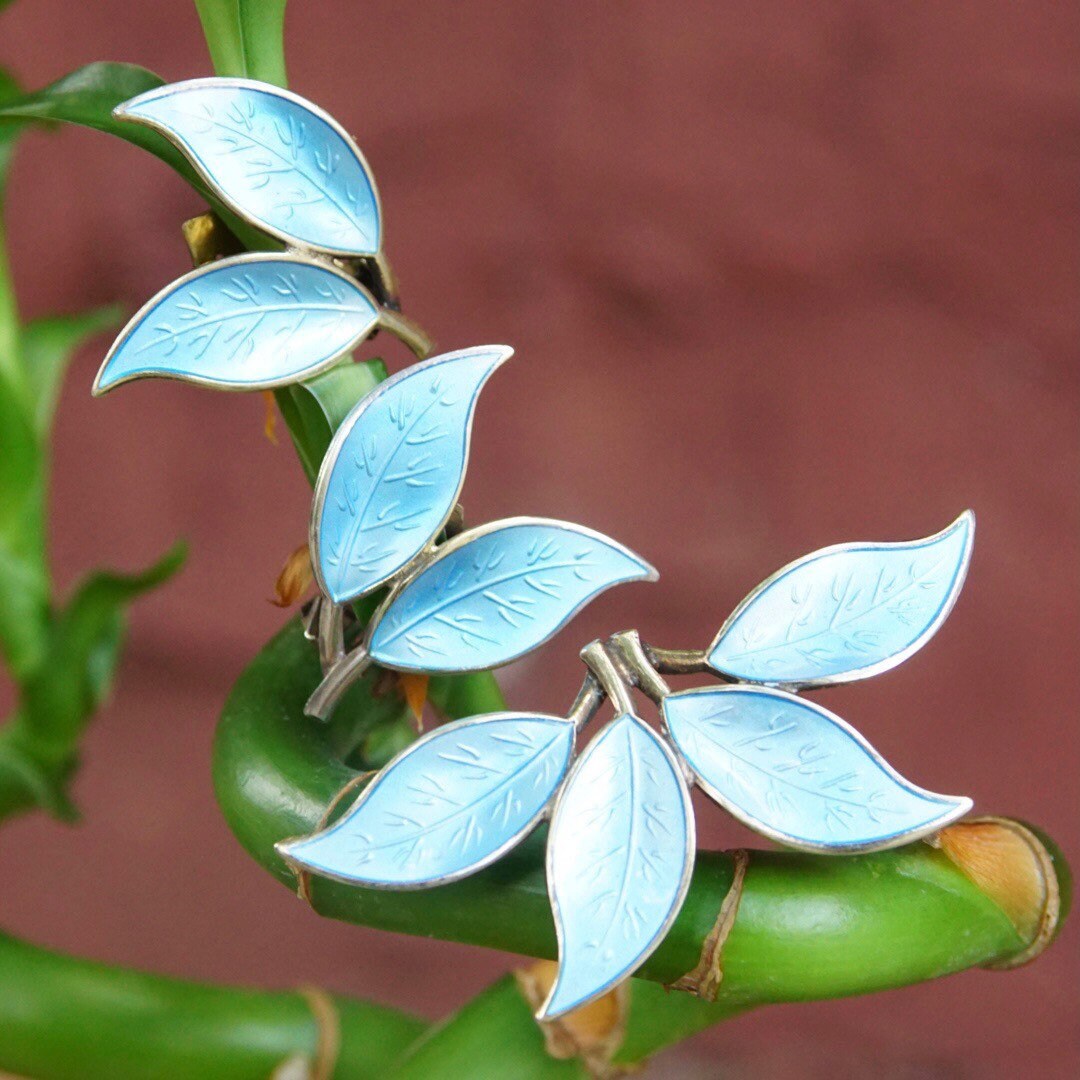 Vintage D-A Sterling Norway Enamel Clip-On Earrings & Brooch Set, Baby Blue Guilloche Enamel Leaves, Gold Tone Sterling Silver