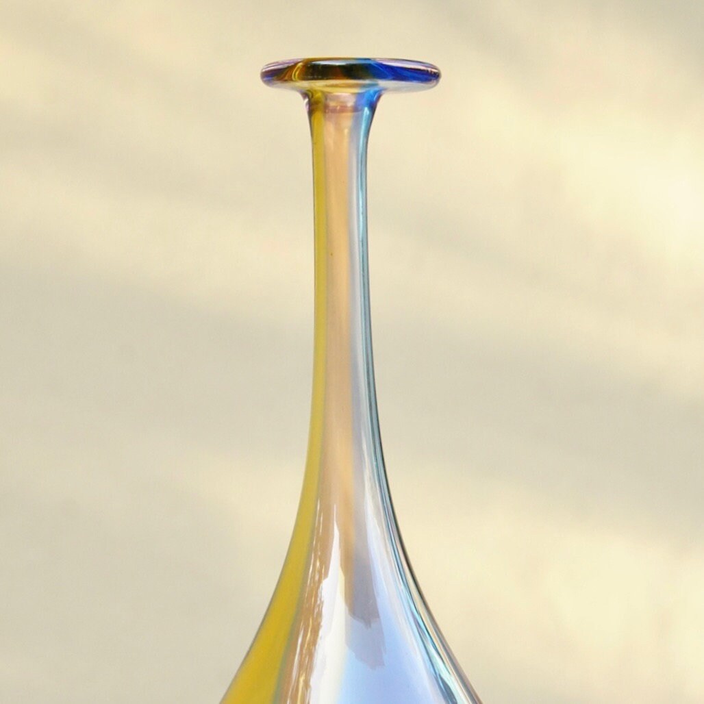 Vintage Signed Kosta Boda K. Engam Art Glass Fidji Vase #7008838, Iridescent Blown Glass Bud Vase, Mid-Century Accent Flower Vase, 11.5" H